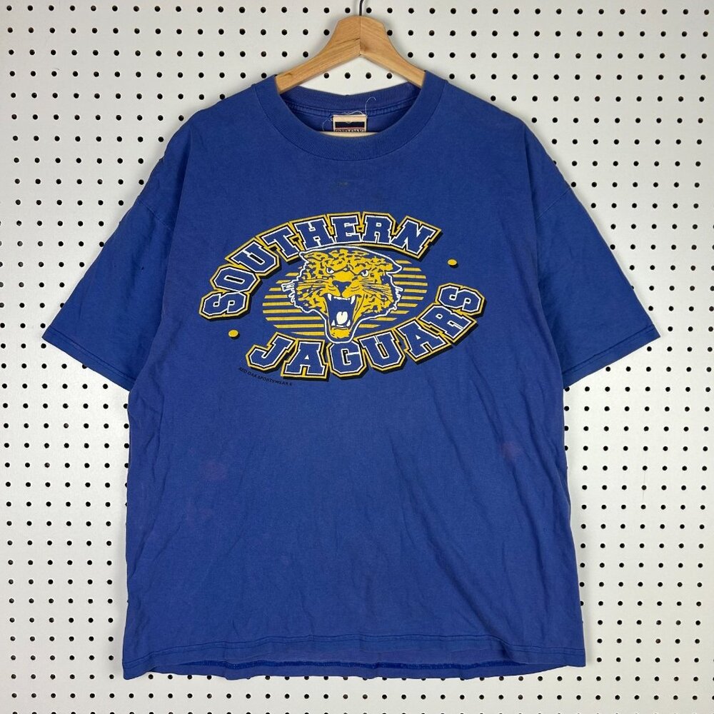 Southern Jaguars Vintage T Shirt Size XL Blue Graphic 90s Red Oak Faded HBCU‎
